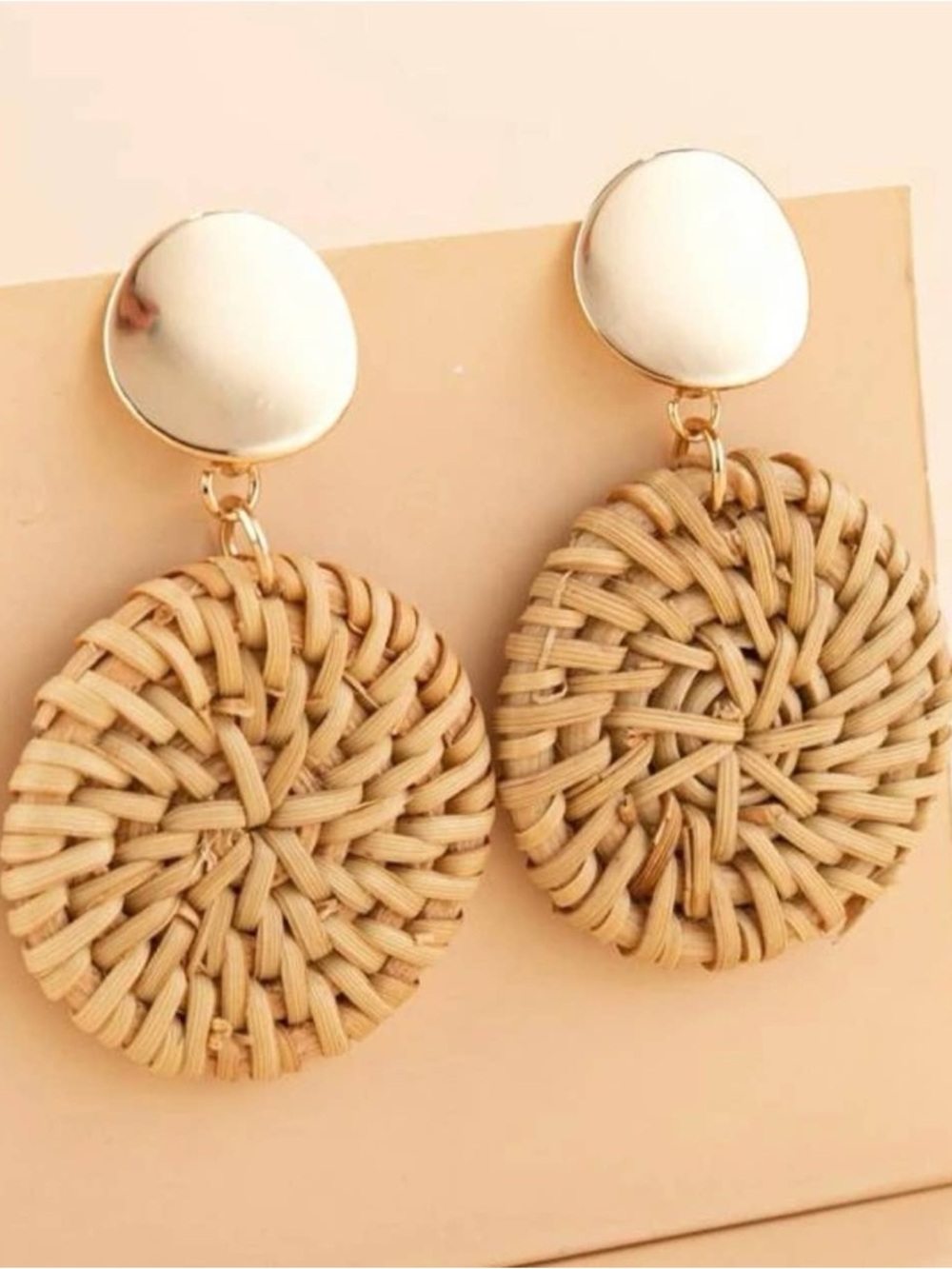 Woven Rattan Drop Earrings - Gold and Natural